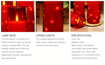 Flameless LED Candles with Remote Control Timer and Star String Lights Set of 5 or 7 Pillar Candles for Wedding Garden Home Decor Anniversary Gift Grey Ivory Gold Red