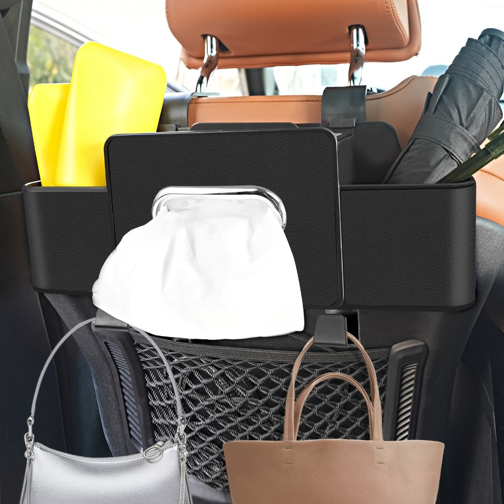 Car Backseat Organizer with Dual Cup Holders, Tissue Box & Hooks – Multi-Function Back Seat Storage for SUV, Sedan & Minivan | Brown, Orange, Black, Cream