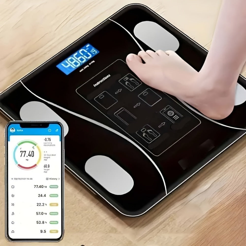 Black Glass Digital Bathroom Scale with Four Electrode Pads, Blue Display and Four Style Options