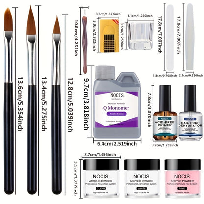 Acrylic Nail Kit NOCIS Three 10g Powders with Q Monomer, Primer, Brush Cleaner, Four Brushes and Mixing Cup