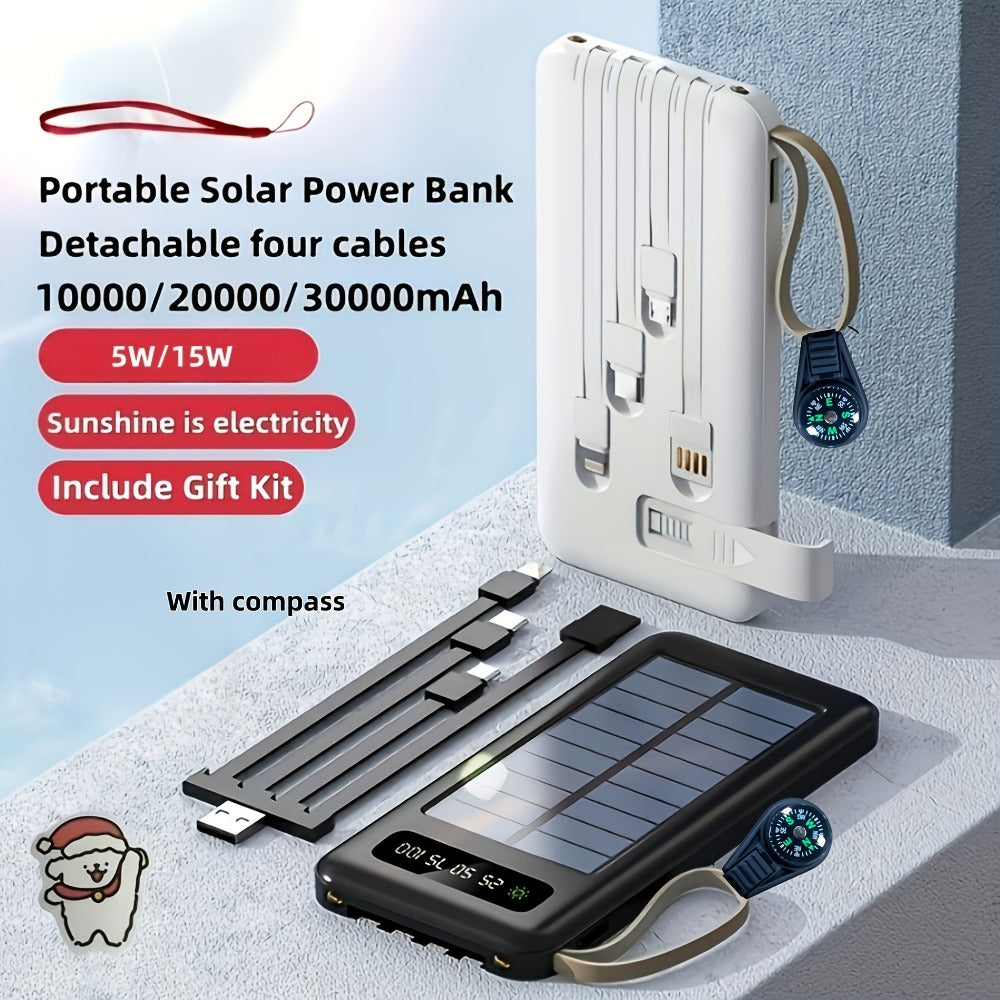 Solar Power Bank, 10000mAh to 30000mAh Charger with Built-In Cables, LED Light, Digital Display and 5W or 15W Options