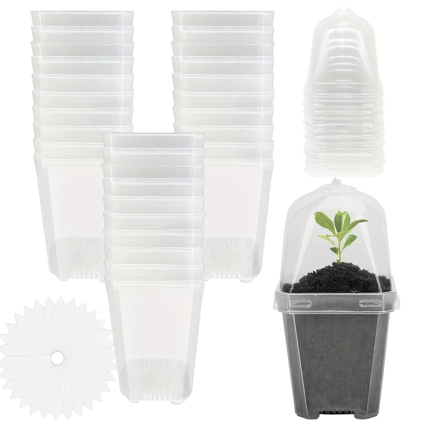 Clear Nursery Pot Set with Humidity Dome Lids, Vent Controls and Protected 30-Piece Checkout Label