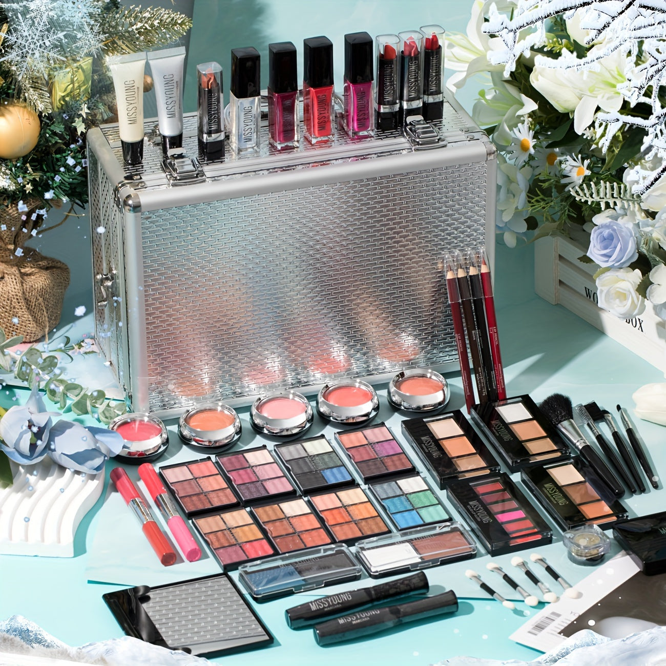 Professional Makeup Kit with Aluminum Travel Case & Mirror – Full Set Eyeshadow Blush Lipstick Foundation Eyeliner Mascara & Brushes, Gift for Women Girls Beginners, Silver & Red