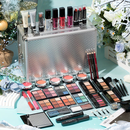 Professional Makeup Kit with Aluminum Travel Case & Mirror – Full Set Eyeshadow Blush Lipstick Foundation Eyeliner Mascara & Brushes, Gift for Women Girls Beginners, Silver & Red