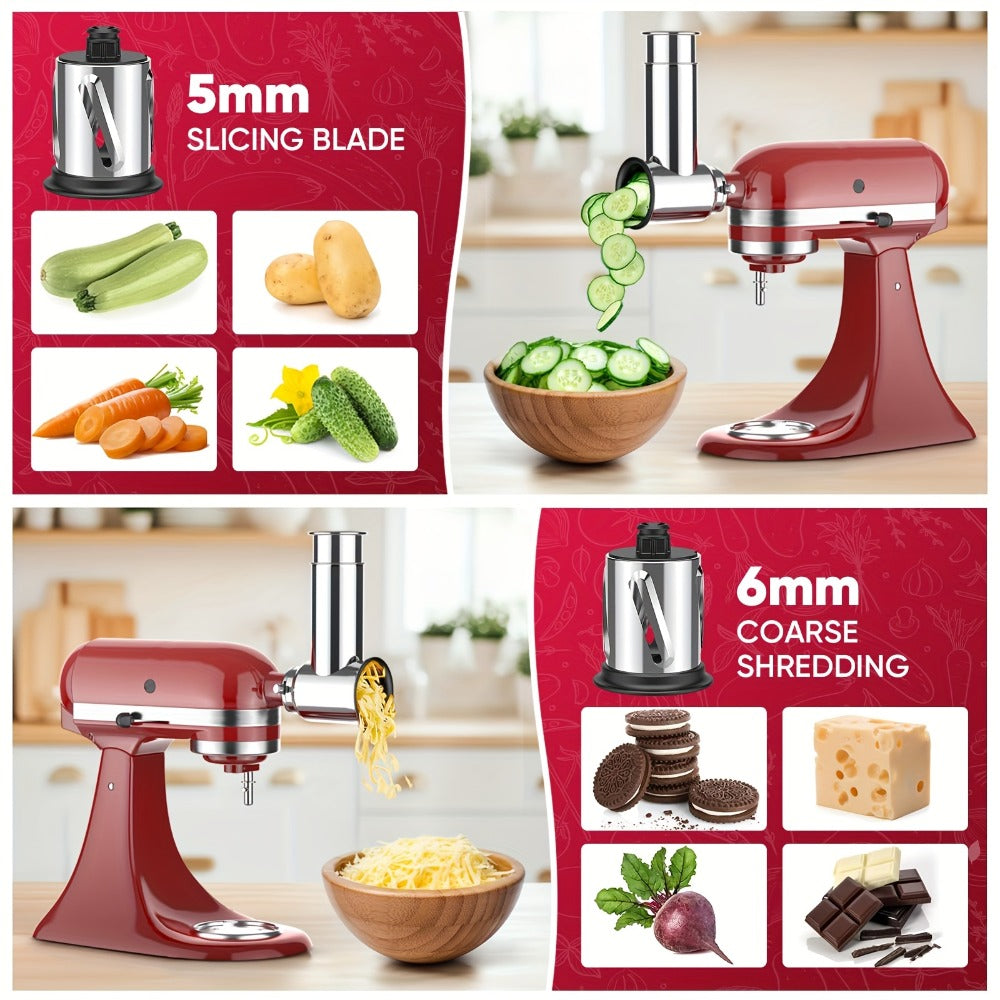 Stainless Steel Slicer Shredder Attachment for Stand Mixers with 4 Dishwasher Safe Blades – Multi-Function Vegetable Fruit Cheese Grater Salad Maker & Powder Grinder for Carrots Potatoes