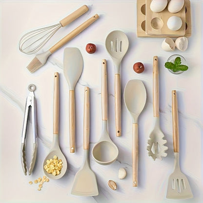 13-Piece Silicone Kitchen Utensil Set with Wooden Handles, Storage Holder and Khaki or Dark Gray Colors