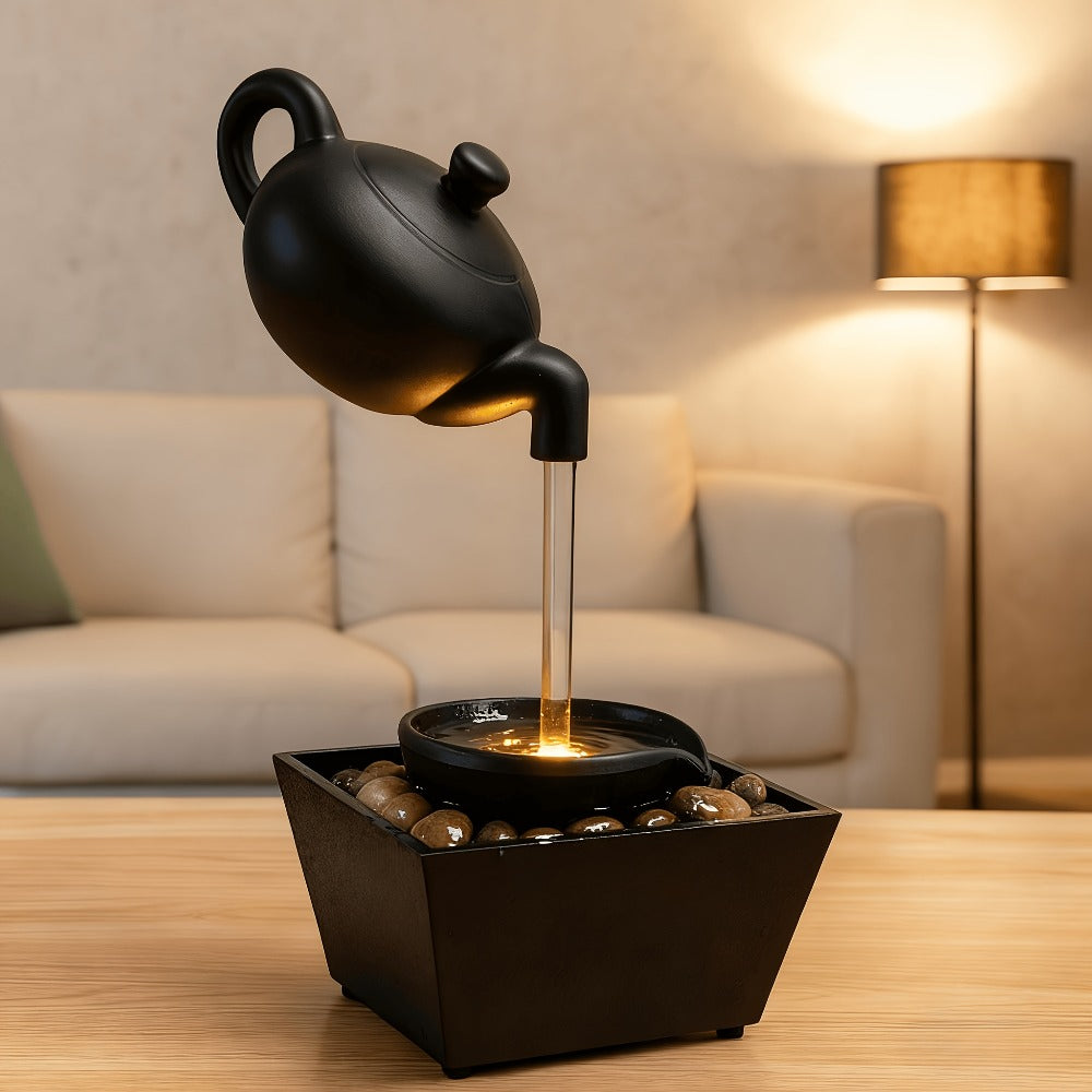 Tabletop Water Fountain with LED Light Zen Teapot Indoor Relaxation Fountain Black Resin for Entryways, Bedrooms and Living Spaces