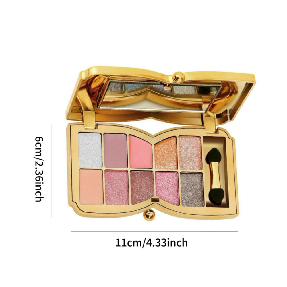 Eyeshadow Palette 10-Shade Gold Bow Compact with Mirror, Dual-Ended Applicator and Three Color Options