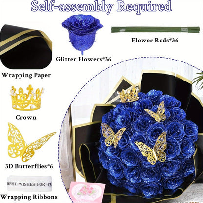 Glitter Roses Bouquet 24/36pcs - Everlasting Artificial Roses with Sparkling Glitter Petals for Valentine's Day, Wedding & Anniversary