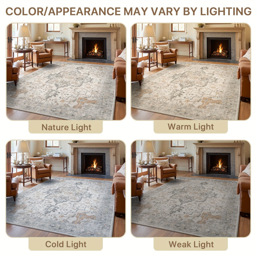 Area Rug Vintage Chenille Print in Light Taupe Brown with Eight Runner and Room Size Options