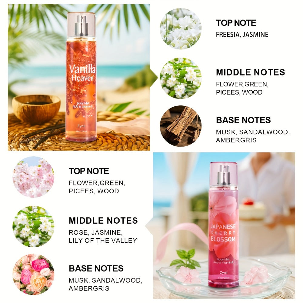 Fragrance Body Mist for Women, Floral, Fruity, Musk & Vanilla Body Spray with Aloe & Vitamin E, 3-8 fl oz