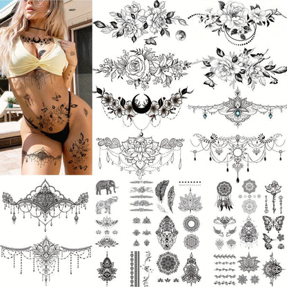 Large Temporary Tattoos for Women 60+ Pcs, 10 Realistic Waterproof Fake Tattoo Stickers for Chest Neck Underboob Arm Shoulder, Bold Body Art Designs for Festival Rave Pool Party Bachelorette Gift