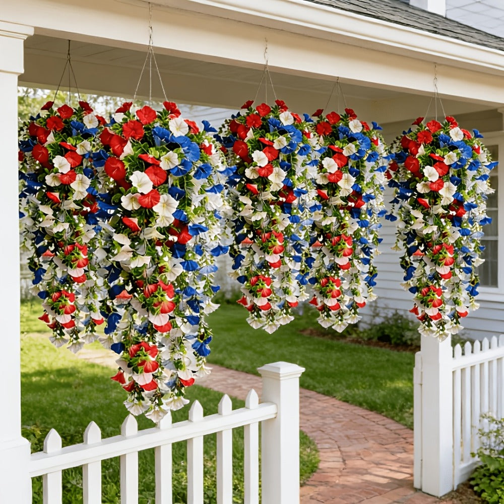 Artificial Flowers Six-Piece Hanging Morning Glory Vine Set in Red White and Blue for Seasonal Decor