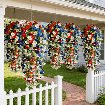 Artificial Flowers Six-Piece Hanging Morning Glory Vine Set in Red White and Blue for Seasonal Decor