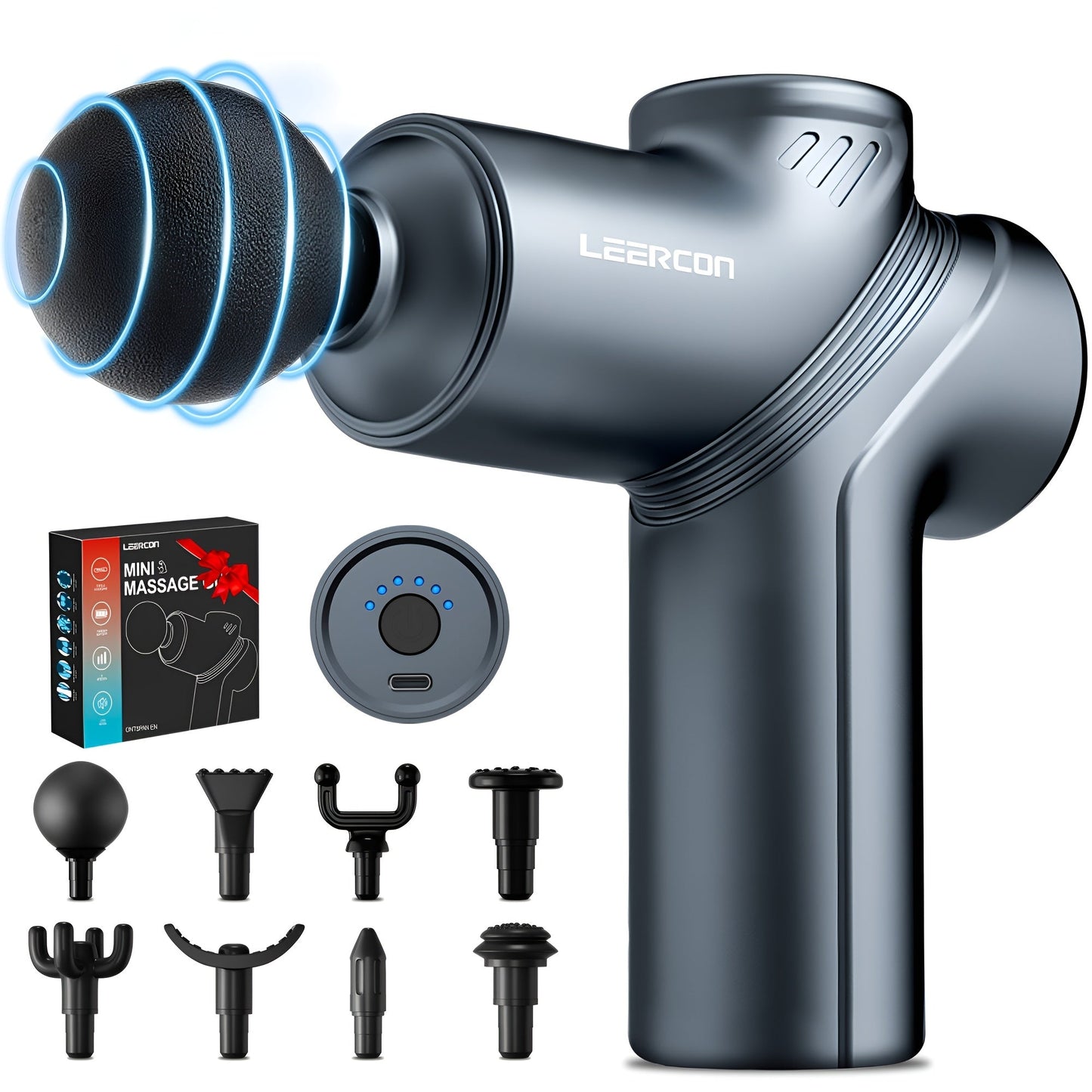 Compact Massage Gun with Six Speed Settings, Four or Eight Interchangeable Heads and Blue or Black Finish Options