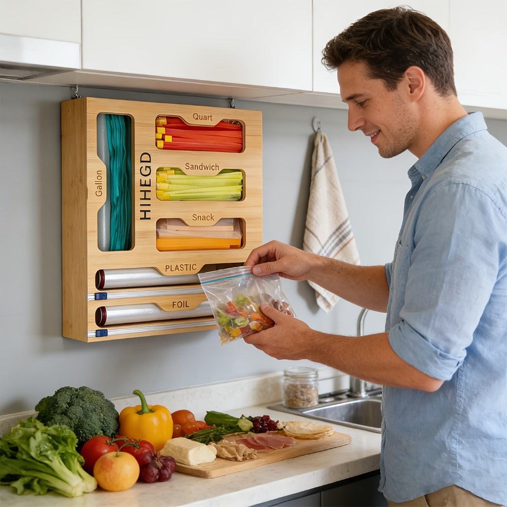 Bamboo Wrap Dispenser Kitchen Organizer 6-in-1 Bag Storage Box with Dual Cutters for Drawer or Wall