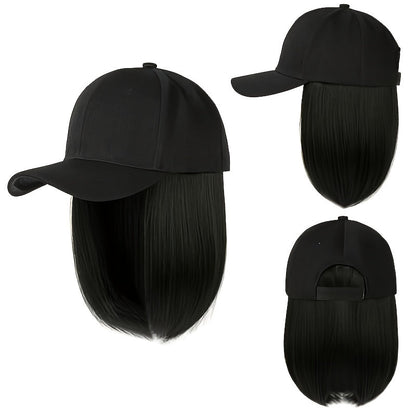 Baseball Cap with Attached 12-Inch Straight Bob Hairpiece in Style4, Black, 613 or 107 Checkout Options