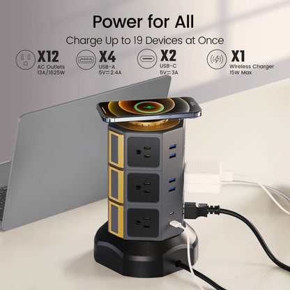 Surge-Protected Power Tower 13-in-1 with Wireless Charger, 9 AC Outlets & 4 USB Ports (2 USB-C PD18W), 1080J Surge Protector, 8ft Extension Cord – Multi-Color for Home Office Dorm