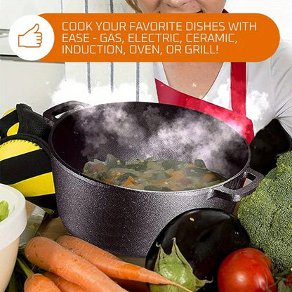 6-Piece Cast Iron Dutch Oven Set with 6.1QT Pot, 1.9QT Skillet Lid, Handle Covers, Support Frame and Scraper