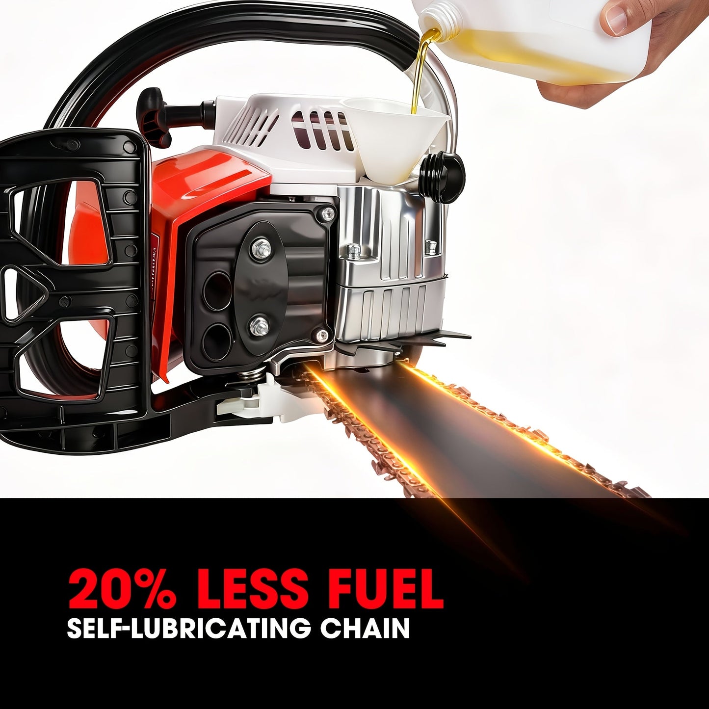 62CC Gas Chainsaw with 20-Inch Guide Bar in Five Red and Orange Checkout Configuration Options