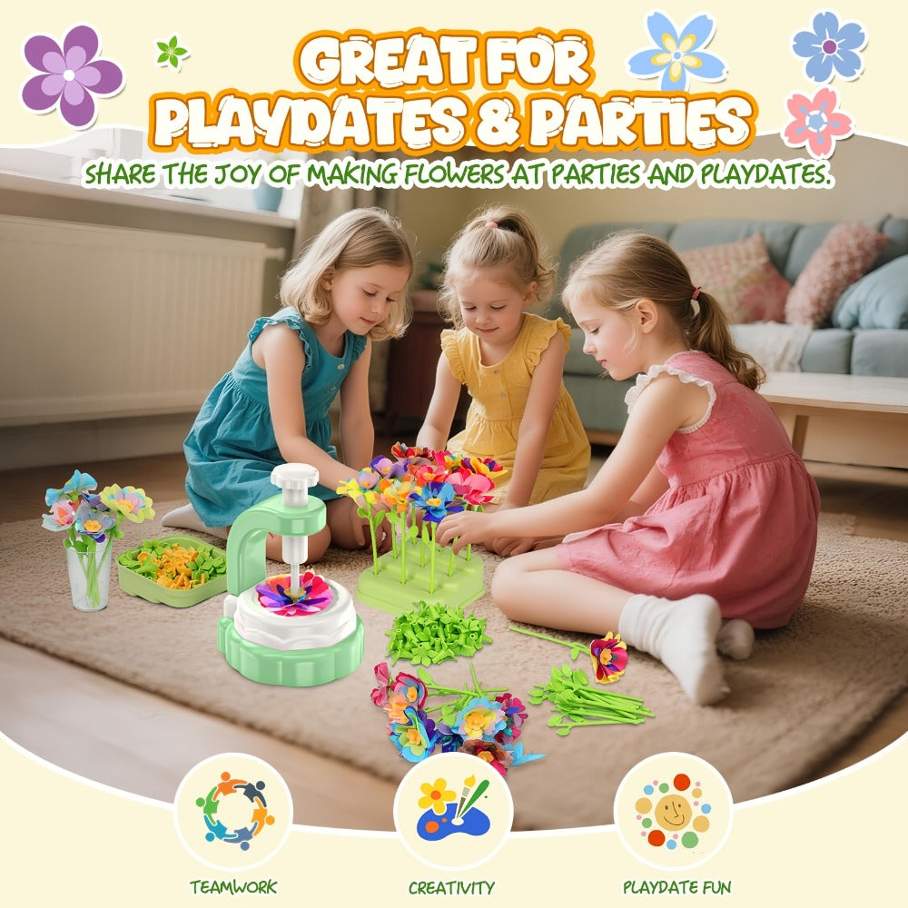 Flower Bouquet Maker Craft Kit with Hand-Operated Tool, Fabric Petals, Stems, Centers and Display Bases