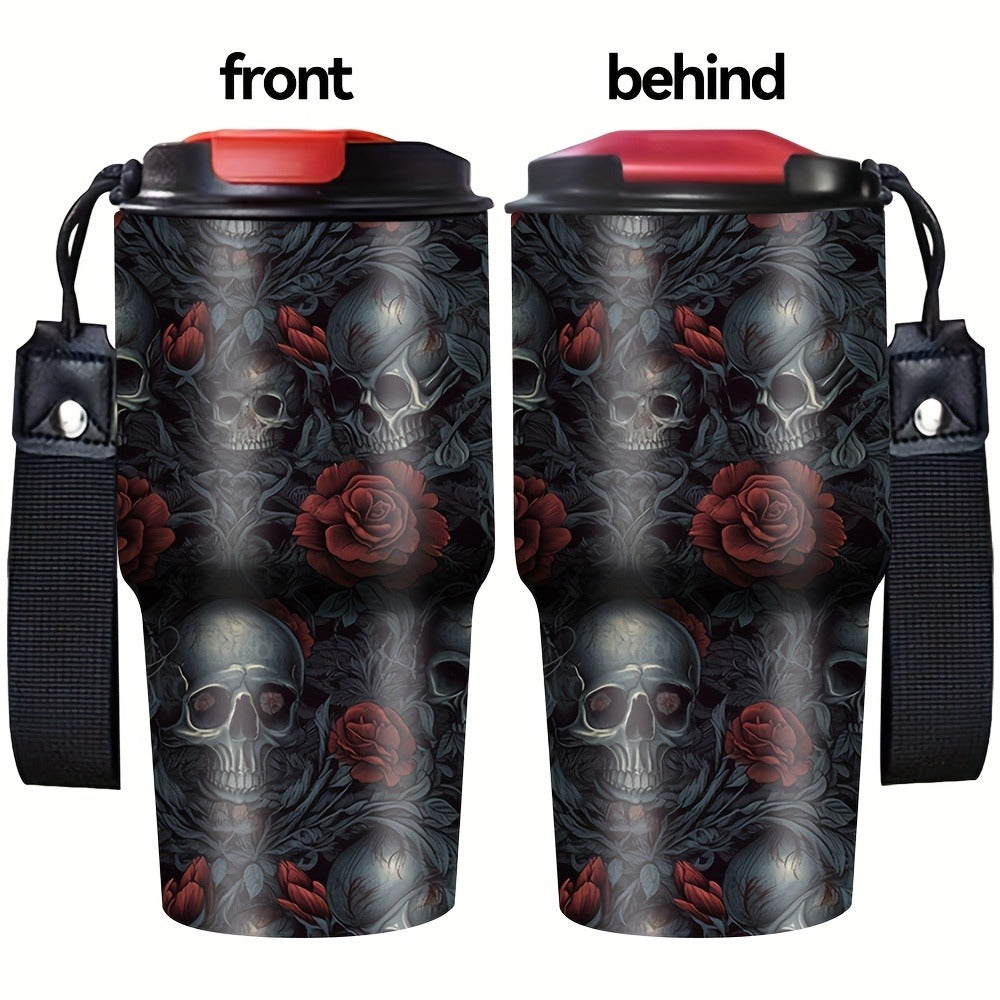 Insulated Tumbler 20oz Gothic Skull and Roses Stainless Steel Travel Mug with Carry Strap for Everyday Use