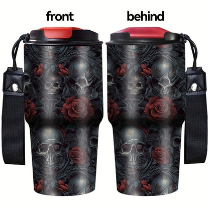 Insulated Tumbler 20oz Gothic Skull and Roses Stainless Steel Travel Mug with Carry Strap for Everyday Use