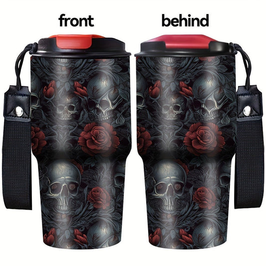 Insulated Tumbler 20oz Gothic Skull and Roses Stainless Steel Travel Mug with Carry Strap for Everyday Use