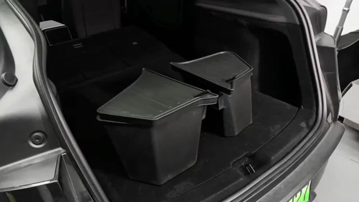 Car Trunk Organizer Side Storage Boxes for Tesla Model Y Juniper 2025 with Left/Right Black TPE Bins and Lids