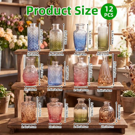 Glass Bud Vase Set 12pcs Bulk Mini Vintage Flower Vases Multicolor Relief Design - Centerpiece Decor for Wedding Home Table Party Living Room Boho Floral Arrangement