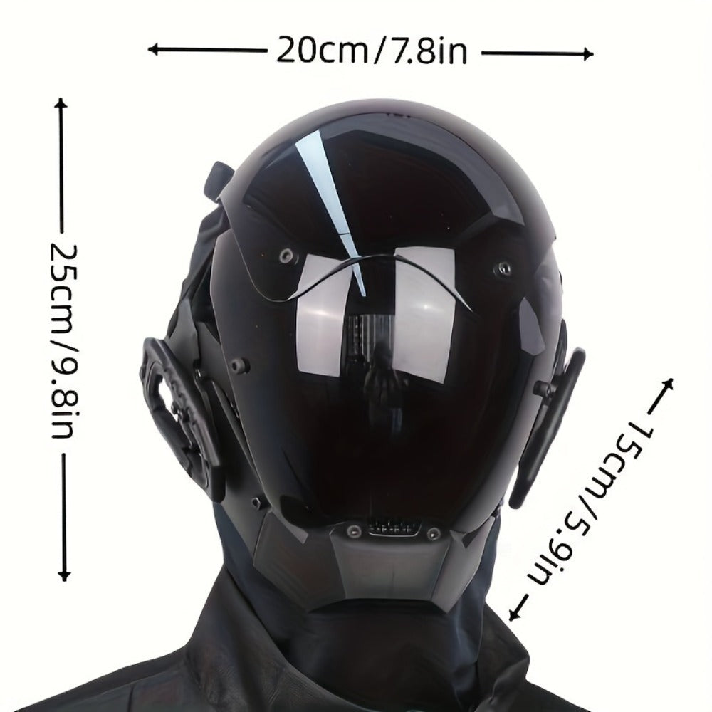Black Reflective Cyberpunk Costume Mask with Full-Face Visor, Mechanical Side Details and Adjustable Rear Straps