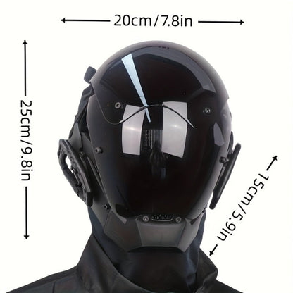 Black Reflective Cyberpunk Costume Mask with Full-Face Visor, Mechanical Side Details and Adjustable Rear Straps