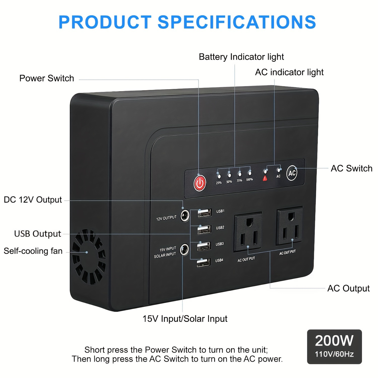 Portable Power Station 146Wh 200W with Two AC Outlets, Four USB Ports and Hard Carrying Case