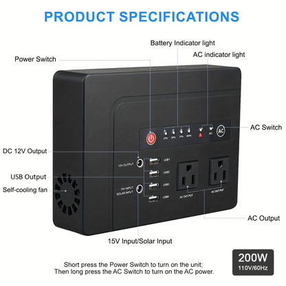 Portable Power Station 146Wh 200W with Two AC Outlets, Four USB Ports and Hard Carrying Case