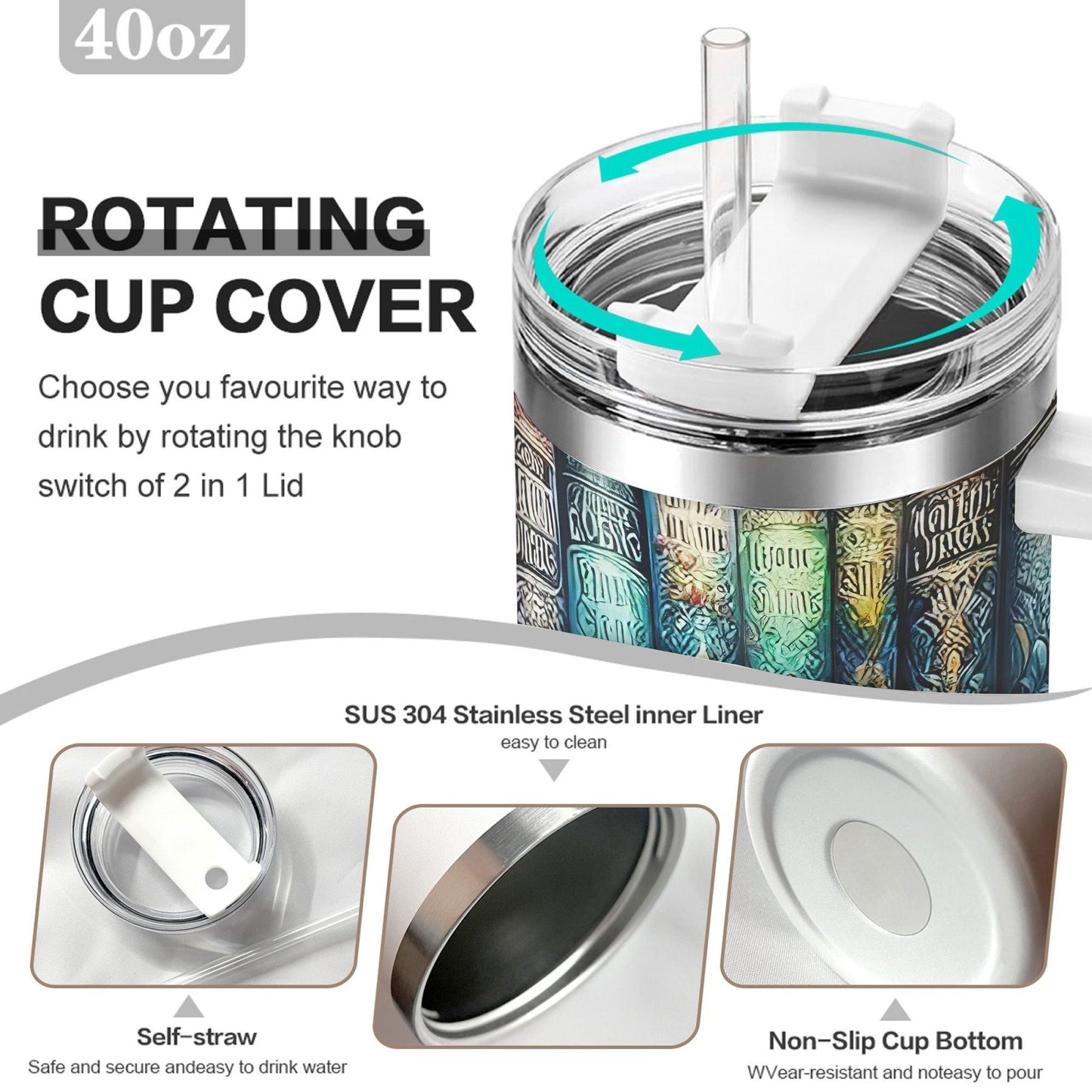 40oz Bookshelf-Art Handled Tumbler with Rotating Two-Position Lid, Straw and 7.5 x 27.5 cm Pictured Size