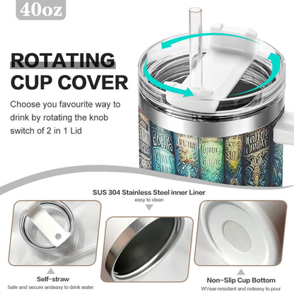 40oz Bookshelf-Art Handled Tumbler with Rotating Two-Position Lid, Straw and 7.5 x 27.5 cm Pictured Size
