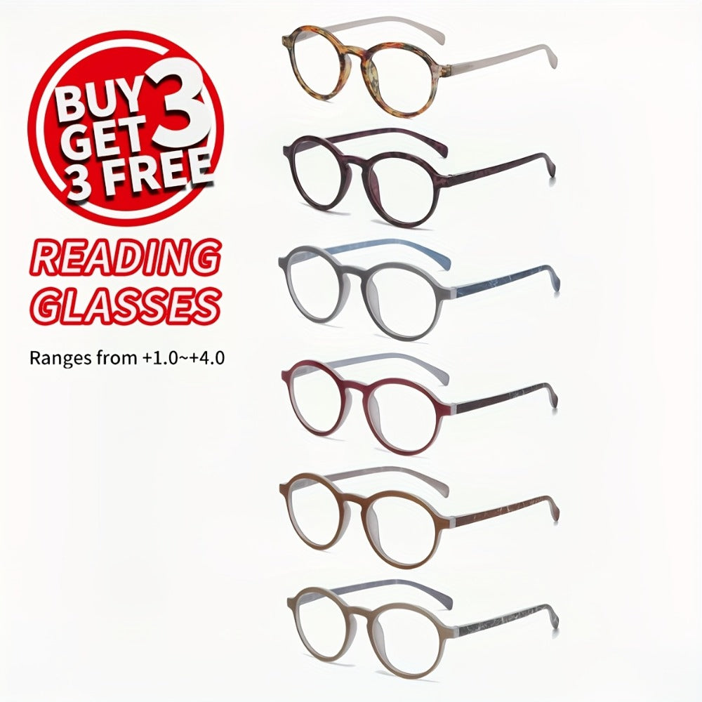 Reading Glasses – Six-Pair Round Full-Frame PC Reader Set in Assorted Colors and Seven Strengths