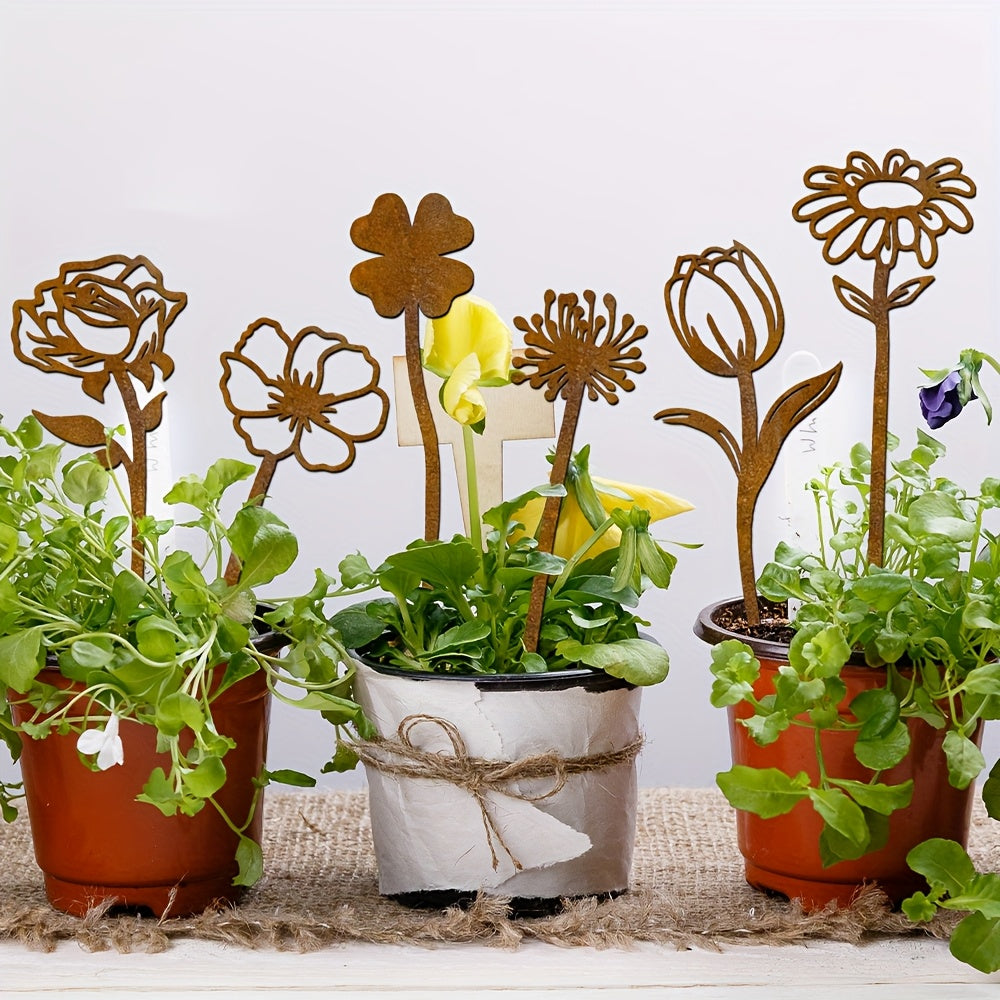 Rustic Flat Metal Flower Garden Stakes, Six-Piece Rose, Daisy and Botanical Set for Pots and Borders