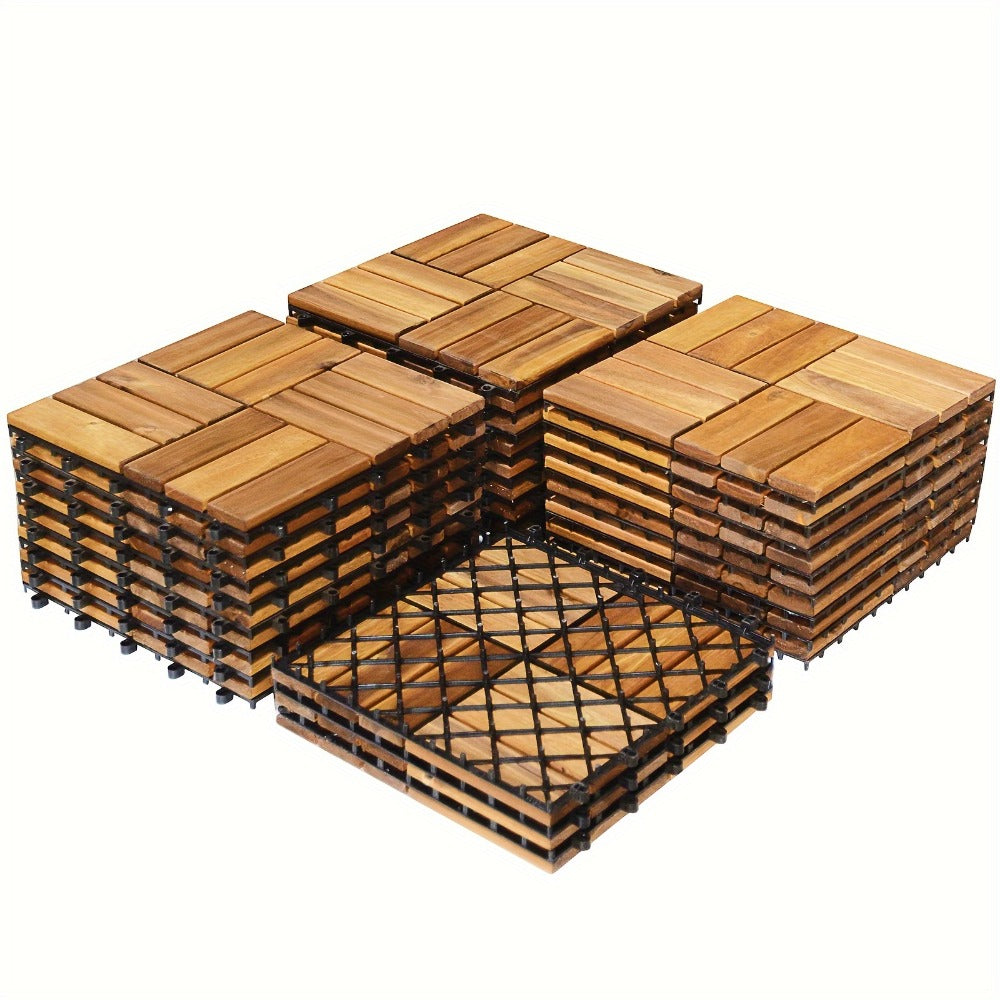 Interlocking Acacia Wood Deck Tiles, 27-Pack of 12-Inch Slatted Squares for Patio, Balcony or Indoor Floors