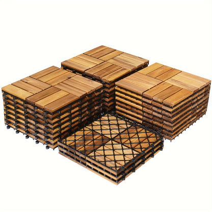 Interlocking Acacia Wood Deck Tiles, 27-Pack of 12-Inch Slatted Squares for Patio, Balcony or Indoor Floors
