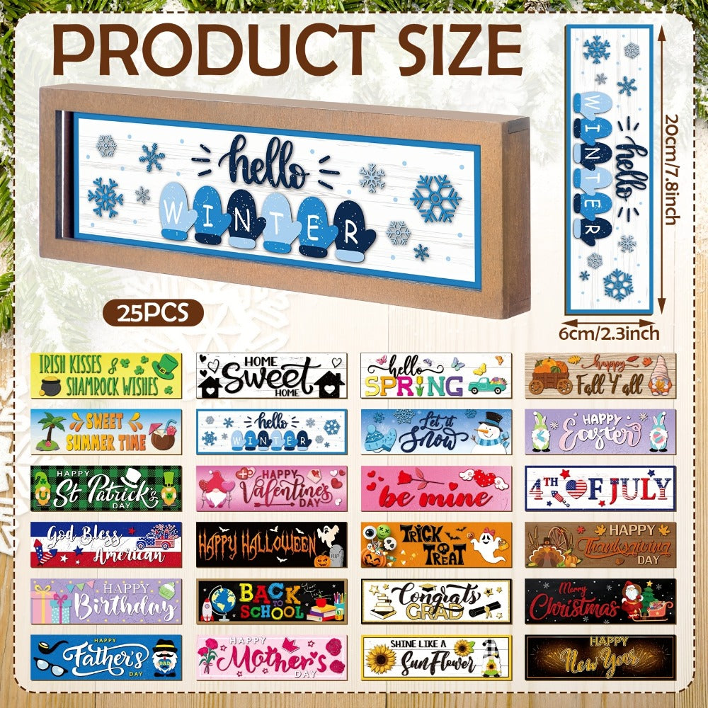 Twenty-Five-Piece Interchangeable Seasonal Welcome Sign Set with Wood Frame and Holiday Message Inserts