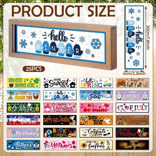 Interchangeable Seasonal Wood Welcome Sign 25-Piece Set – Wooden Frame Table Decor with Swappable Holiday Signs for Fall, Thanksgiving, Halloween & Autumn Wreath Decoration