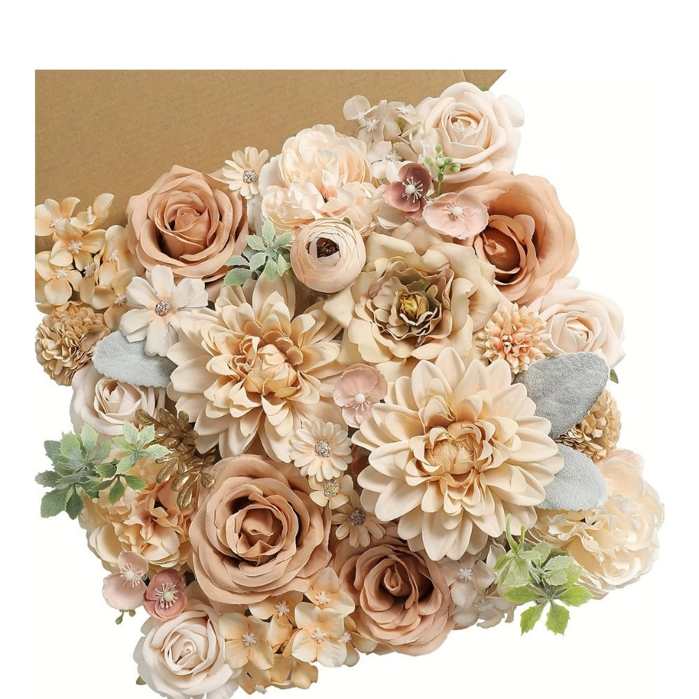 Artificial Flower Combination Box Set with Stems – Champagne Silk Flowers for DIY Wedding Bouquet, Baby Shower, Valentine's Day & Home Decor