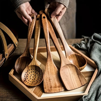 Wooden Kitchen Utensils Set 3/5/7Pcs – Natural Wood Spoons, Spurtle, Ladle & Wok Spatulas for Non-Stick Pans | Heat Resistant, Ergonomic Handle, Easy to Clean