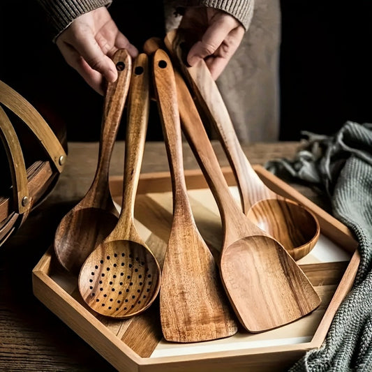 Wooden Kitchen Utensils Set 3/5/7Pcs – Natural Wood Spoons, Spurtle, Ladle & Wok Spatulas for Non-Stick Pans | Heat Resistant, Ergonomic Handle, Easy to Clean