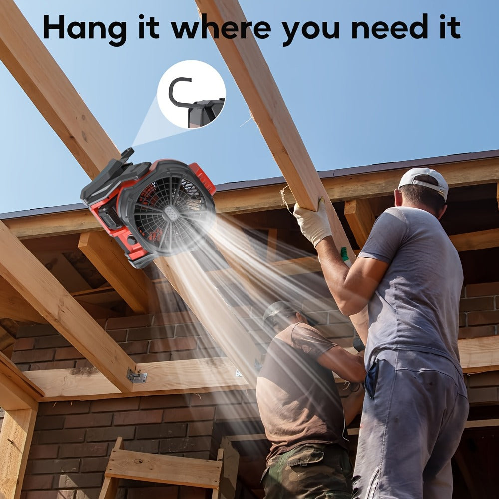 Red Cordless Work Fan for Select Milwaukee M18 Batteries with LED Light, Hanging Hook and Adjustable Tilt, Battery Not Included