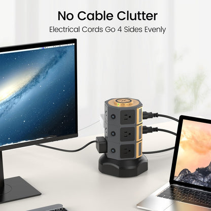 Power Strip Tower with 12 AC Outlets, 4 USB-A, 2 USB-C, 15W Magnetic Wireless Charger and 5.5-Foot Retractable Cord