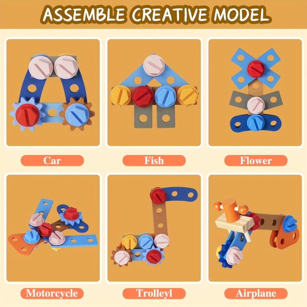 39-Piece Wooden Pretend Tool Set with Vest, Toolbox, Instruction Sheet and Six Example Builds