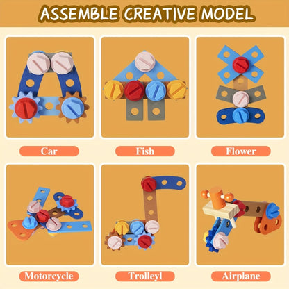 39-Piece Wooden Pretend Tool Set with Vest, Toolbox, Instruction Sheet and Six Example Builds