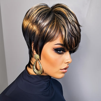 Short Pixie Cut Wig with Bangs Black Blonde Layered 4 Inch Rose Net Cap | Brown Blonde Mix Synthetic Wig for Black Women Daily Wear Office Party